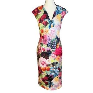 Ted Baker Midi Dress Womens Size 6 Multicolor Floral Bodycon Sheath Exposed Zip